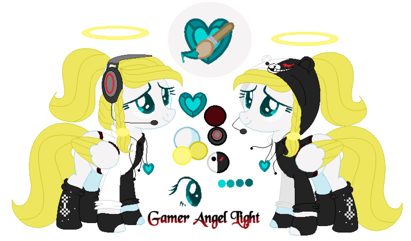 Size: 824x483 | Tagged: safe, artist:angellightyt, derpibooru import, oc, oc:angel light, unofficial characters only, pegasus, pony, base used, clothes, colored wings, duo, halo, headset, heart, image, pegasus oc, png, simple background, smiling, transparent background, two toned wings, wings