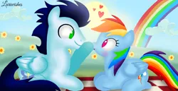 Size: 1980x1020 | Tagged: safe, artist:mlplary6, derpibooru import, rainbow dash, soarin', pegasus, pony, blushing, cloud, female, flower, heart, image, looking at each other, looking at someone, love, lying down, male, mare, png, rainbow, romantic, shipping, sky, smiling, smiling at each other, soarindash, stallion, straight, sun