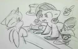 Size: 1769x1127 | Tagged: safe, artist:zutcha, derpibooru import, rarity, oc, alicorn, pony, unicorn, alicorn oc, bipedal, bipedal leaning, cake, duo, female, floppy ears, food, grayscale, horn, image, jpeg, leaning, levitation, magic, male, mare, monochrome, pencil drawing, stallion, table, telekinesis, traditional art, wings