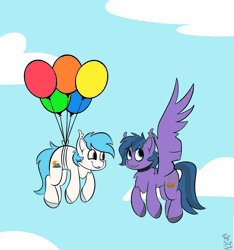 Size: 1500x1600 | Tagged: safe, artist:starcasteclipse, derpibooru import, oc, oc:feather freight, oc:jimm, unofficial characters only, earth pony, pegasus, animated, balloon, commission, earth pony oc, flying, gif, image, pegasus oc, wings, ych result
