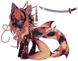 Size: 4412x3439 | Tagged: safe, alternate version, artist:loxord666, derpibooru import, oc, oc:eitatsu, unofficial characters only, pony, seapony (g4), belt, bracelet, clothes, ear piercing, earring, female, image, japanese, jewelry, katana, mare, markings, moon runes, necklace, piercing, png, seapony oc, simple background, solo, sword, transparent background, vest, weapon, whiskers