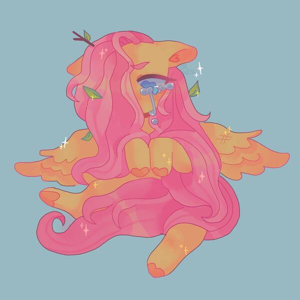 Size: 1440x1440 | Tagged: safe, artist:ariariari.png, derpibooru import, fluttershy, pegasus, pony, blue background, crying, image, jpeg, leaves, leaves in hair, long hair, simple background, solo, stick