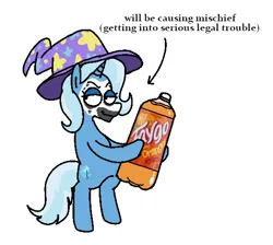 Size: 1704x1527 | Tagged: safe, artist:punkittdev, derpibooru import, trixie, pony, unicorn, arrow, bipedal, bottle, drink, face paint, female, hoof hold, image, mare, png, simple background, soda, soda bottle, solo, text, white background