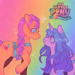 Size: 1440x1440 | Tagged: safe, artist:ariariari.png, derpibooru import, izzy moonbow, sunny starscout, earth pony, pony, unicorn, g5, blushing, braid, braided ponytail, duo, female, image, izzyscout, jpeg, lesbian, looking at each other, looking at someone, mare, ponytail, shipping, smiling