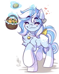 Size: 1200x1511 | Tagged: safe, artist:falafeljake, derpibooru import, oc, unicorn, basket, female, food, happy, image, jpeg, lemon, simple background, solo, white background