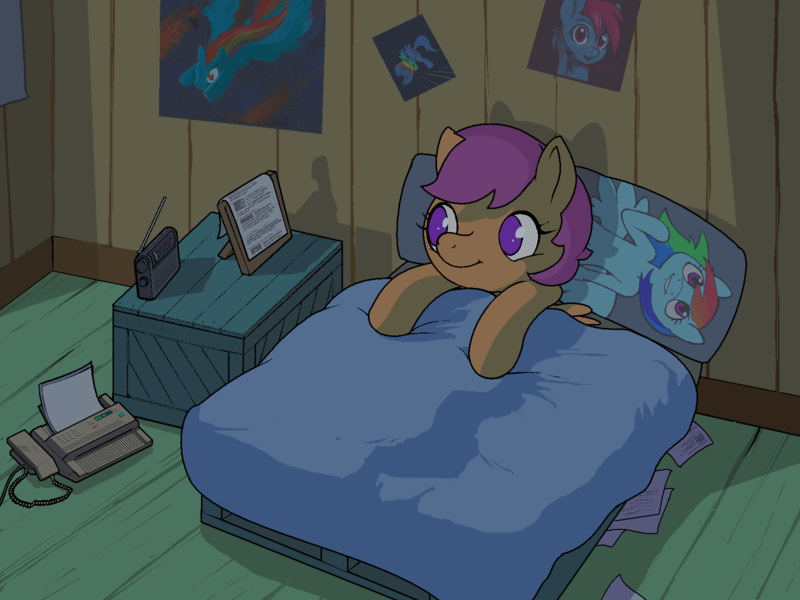 Size: 1600x1200 | Tagged: safe, artist:darkdoomer, derpibooru import, rainbow dash, scootaloo, pegasus, pony, bed, bedsheets, box, clubhouse, dakimakura cover, fax machine, female, filly, foal, image, imageboard, looking at something, meme, night, pallet, picture frame, png, poster, radio, sleep tight, solo, thread