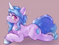 Size: 2181x1668 | Tagged: safe, artist:kurogewapony, derpibooru import, izzy moonbow, pony, unicorn, g5, blushing, female, image, jpeg, looking at you, lying down, mare, prone, purple background, simple background, smiling, smiling at you, solo, sploot, unshorn fetlocks