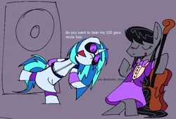 Size: 1348x912 | Tagged: safe, artist:riptyde164, derpibooru import, octavia melody, vinyl scratch, earth pony, unicorn, 100 gecs, bipedal, bowtie, cello, clothes, dialogue, female, image, jpeg, lesbian, musical instrument, scratchtavia, shipping, speaker