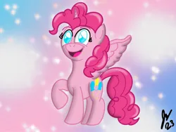 Size: 2160x1620 | Tagged: safe, artist:jesslmc16, derpibooru import, pinkie pie, alicorn, pony, colored, digital art, fanart, female, full body, horn, image, jpeg, looking at you, mare, princess, princess pinkie pie, procreate app, raised hoof, signature, smiling, smiling at you, sparkles, wings