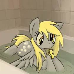 Size: 949x946 | Tagged: safe, artist:muffinz, derpibooru import, derpy hooves, pegasus, pony, :o, bath, bathtub, cute, derpabetes, drawn on phone, female, image, lying down, mare, open mouth, png, prone, rubber duck, solo, spread wings, water, wings