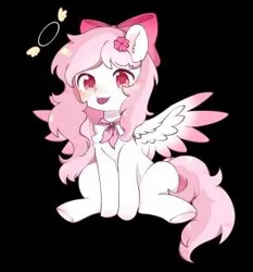 Size: 286x307 | Tagged: artist needed, safe, derpibooru import, oc, oc:bubble cloud, unofficial characters only, pegasus, pony, bow, chest fluff, clothes, female, hair bow, hairpin, image, mare, png, scarf, sitting, solo, spread wings, wings