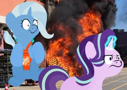 Size: 800x569 | Tagged: safe, artist:blitzypony, derpibooru import, starlight glimmer, trixie, pony, unicorn, apron, clothes, female, fire, hair tie, home depot, image, irl, jpeg, mare, name tag, photo, photoshop