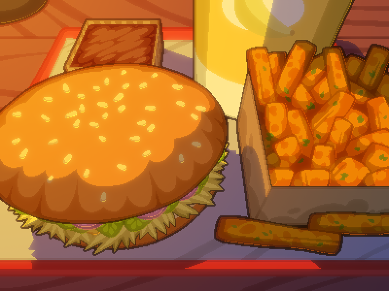 Size: 800x600 | Tagged: safe, artist:rangelost, derpibooru import, cyoa:d20 pony, burger, cyoa, food, french fries, hay burger, image, no pony, offscreen character, pixel art, png, story included