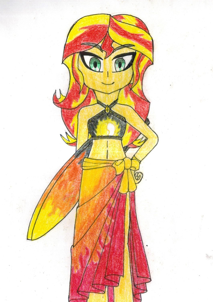 Size: 1062x1508 | Tagged: safe, artist:nathanamiel, derpibooru import, sunset shimmer, equestria girls, equestria girls series, bikini, clothes, image, jpeg, sarong, summer, surfboard, swimsuit