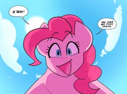 Size: 3072x2264 | Tagged: safe, artist:averysweatyboy, derpibooru import, part of a set, pinkie pie, earth pony, pony, cloud, female, image, jpeg, looking at you, mane, mare, monologue, open mouth, sky, smiling, solo, solo female, sun, talking, text