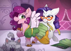 Size: 4252x3071 | Tagged: safe, artist:cutepencilcase, derpibooru import, opalescence, pipp petals, rarity, cat, pegasus, pony, unicorn, g5, clothes, dress, duo focus, g4, generational ponidox, image, measuring tape, pipp and her heroine, png, smiling