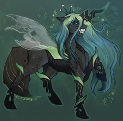 Size: 1630x1600 | Tagged: safe, artist:beetlegoblin, derpibooru import, queen chrysalis, changeling, changeling queen, insect, abstract background, crown, fangs, female, flowy mane, full body, gradient mane, grin, horn, image, insect wings, jewelry, jpeg, long eyelashes, quadrupedal, raised hoof, regalia, signature, smiling, solo, sparkles, teeth, transparent wings, wings