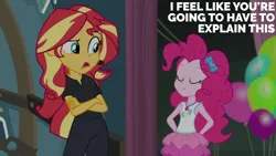 Size: 2000x1125 | Tagged: safe, derpibooru import, edit, edited screencap, editor:quoterific, screencap, pinkie pie, sunset shimmer, all the world's off stage, equestria girls, equestria girls series, geode of sugar bombs, image, magical geodes, png
