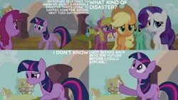 Size: 2000x1125 | Tagged: safe, derpibooru import, edit, edited screencap, editor:quoterific, screencap, applejack, berry punch, berryshine, cherry berry, linky, lyra heartstrings, rarity, shoeshine, twilight sparkle, it's about time, image, png