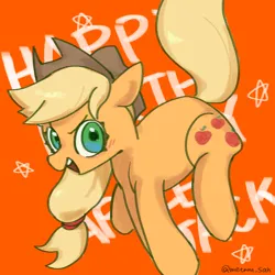 Size: 1280x1280 | Tagged: safe, artist:metaruscarlet, derpibooru import, applejack, earth pony, pony, applejack's hat, blushing, cowboy hat, female, happy birthday, hat, image, looking at you, open mouth, orange background, png, simple background, solo