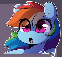 Size: 2400x2188 | Tagged: safe, artist:sakukitty, derpibooru import, rainbow dash, pegasus, pony, bust, cel shading, cute, dashabetes, eye clipping through hair, female, high res, image, jpeg, looking at you, mare, open mouth, outline, shading, signature, simple background, simple shading, solo, white outline