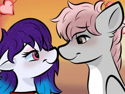 Size: 2048x1535 | Tagged: safe, derpibooru import, oc, oc:anykoe, oc:cotton puff, earth pony, pegasus, pony, boop, cel shading, cute, gradient background, image, jpeg, lidded eyes, looking at each other, looking at someone, noseboop, shading, simple background, smiling