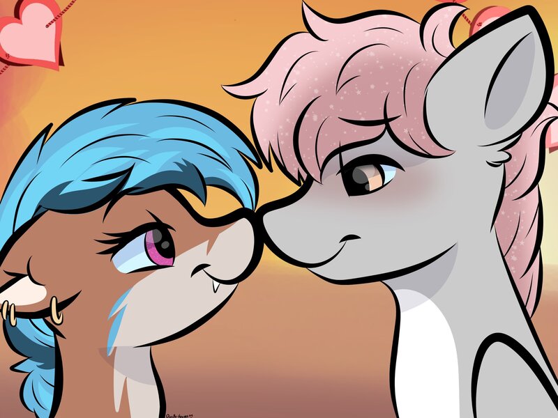 Size: 2048x1535 | Tagged: safe, derpibooru import, oc, oc:cotton puff, oc:lissy fluffball, insect, moth, mothpony, original species, pegasus, pony, boop, cel shading, cute, gradient background, image, jpeg, lidded eyes, looking at each other, looking at someone, noseboop, shading, simple background, smiling