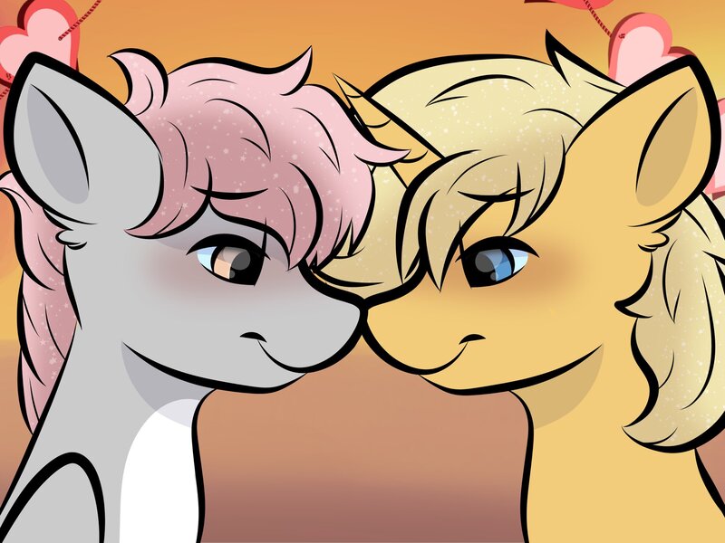 Size: 2048x1535 | Tagged: safe, derpibooru import, oc, oc:cotton puff, oc:sunlight bolt, pegasus, pony, unicorn, boop, cel shading, cute, gradient background, image, jpeg, lidded eyes, looking at each other, looking at someone, noseboop, shading, simple background, smiling