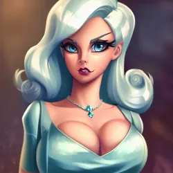 Size: 900x900 | Tagged: suggestive, derpibooru import, machine learning generated, trixie, human, ai content, big breasts, breasts, bust, busty trixie, cleavage, clothes, dress, female, humanized, image, jewelry, jpeg, looking at you, necklace, portrait, solo, wrong eye color