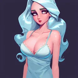 Size: 900x900 | Tagged: suggestive, derpibooru import, machine learning generated, trixie, human, ai content, breasts, bust, busty trixie, cleavage, clothes, female, humanized, image, jpeg, negligee, portrait, solo, wrong eye color