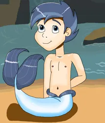 Size: 914x1068 | Tagged: safe, artist:ocean lover, derpibooru import, shady daze, human, merboy, merman, bare shoulders, belly, belly button, blue eyes, chest, child, cute, fins, human coloration, humanized, image, land, light skin, looking at you, male, mermay, ms paint, png, rock, sitting, sleeveless, smiling, species swap, tail, tail fin, two toned hair, water, waterfall