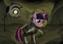 Size: 2388x1668 | Tagged: safe, artist:weiling, derpibooru import, twilight sparkle, pony, unicorn, fallout equestria, armor, bubble helmet, cracked, duct tape, image, png, solo, tape