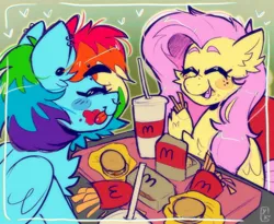 Size: 2048x1683 | Tagged: safe, artist:yumkandie, derpibooru import, fluttershy, rainbow dash, :p, :t, ^^, burger, chicken meat, chicken nugget, drinking straw, ear piercing, eating, eyebrows, eyes closed, female, flutterdash, food, french fries, heart, image, jpeg, ketchup, lesbian, mcdonald's, meat, nose piercing, piercing, raised eyebrow, sauce, shipping, smiling, tongue out