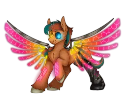 Size: 2800x2300 | Tagged: safe, artist:molars, derpibooru import, oc, cyborg, pegasus, pony, augmented, cybernetic eyes, cybernetic leg, cyberpunk, glow, glowing wings, image, orange fur, png, prosthetic eye, prosthetics, simple background, transparent background, unshorn fetlocks, wings