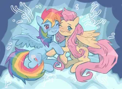 Size: 1625x1180 | Tagged: safe, artist:tani yry, derpibooru import, fluttershy, rainbow dash, pegasus, pony, fame and misfortune, season 7, ^^, blushing, duo, eyes closed, female, flawless, flutterdash, hug, image, jpeg, lesbian, mare, one eye closed, shipping, sitting, smiling, spread wings, squishy cheeks, touching hooves, we're not flawless, wings, wink