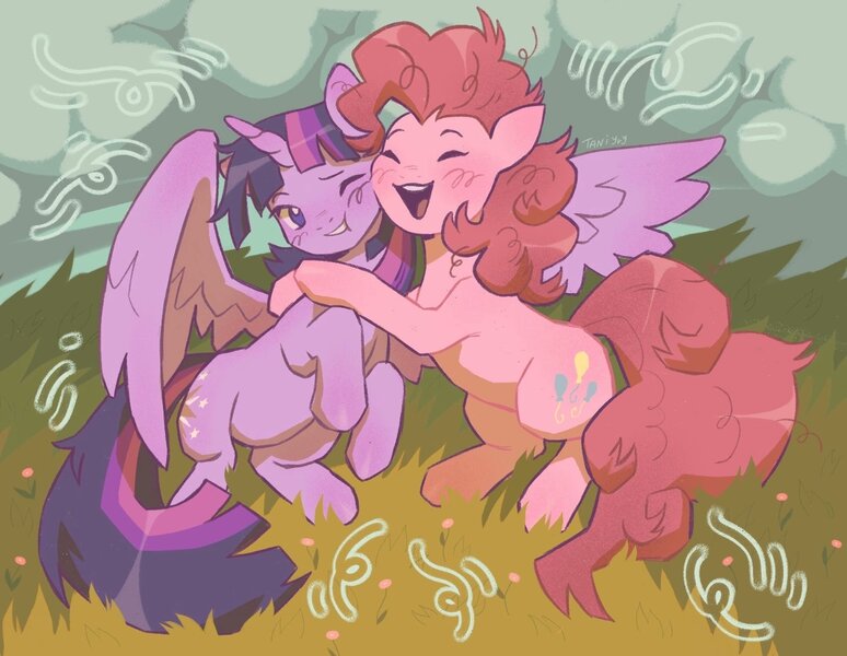 Size: 1694x1314 | Tagged: safe, artist:tani yry, derpibooru import, pinkie pie, twilight sparkle, twilight sparkle (alicorn), alicorn, earth pony, pony, ^^, blushing, duo, eyes closed, female, hug, image, jpeg, lesbian, mare, one eye closed, overjoyed, shipping, smiling, spread wings, squishy cheeks, twinkie, wings, wink