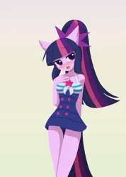 Size: 1000x1407 | Tagged: safe, artist:howxu, derpibooru import, part of a set, twilight sparkle, anthro, equestria girls, alternate hairstyle, bare shoulders, blushing, breasts, clothes, eyebrows, eyebrows visible through hair, female, gradient background, image, looking at you, one-piece swimsuit, open mouth, png, ponytail, seduction, simple background, sleeveless, solo, swimsuit