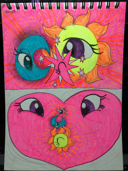 Size: 3024x4032 | Tagged: safe, artist:ja0822ck, derpibooru import, princess cadance, princess celestia, princess luna, twilight sparkle, heart, image, jpeg, love, moon, sun, traditional art