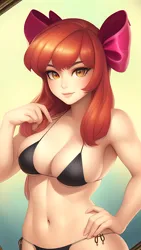Size: 864x1536 | Tagged: suggestive, derpibooru import, editor:sammykun, machine learning generated, novelai, stable diffusion, apple bloom, human, equestria girls, ai content, bikini, black bikini, bow, breasts, bust, busty apple bloom, clothes, hair bow, hand on hip, humanized, image, lips, long hair, looking at you, older, older apple bloom, png, reasonably sized breasts, sexy, stupid sexy apple bloom, swimsuit