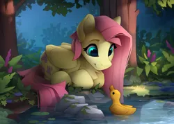 Size: 2460x1765 | Tagged: safe, artist:yakovlev-vad, derpibooru import, fluttershy, bird, duck, pegasus, pony, cute, duckling, female, flower, image, looking at each other, looking at someone, lying down, mare, png, pond, prone, rock, shyabetes, solo, tree, water