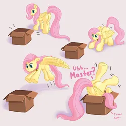 Size: 2160x2160 | Tagged: safe, artist:callichrome, derpibooru import, fluttershy, pegasus, pony, adorable distress, behaving like a cat, bell, bell collar, box, collar, cute, female, flutterbox, happy, if i fits i sits, image, jumping, missing cutie mark, pet, pet play, png, pony in a box, pounce, simple background, smiling, solo, spread wings, stuck, upside down, wings