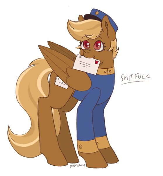 Size: 1080x1161 | Tagged: safe, artist:pink_stry, derpibooru import, pegasus, pony, clothes, female, folded wings, forced meme, hat, image, jpeg, letter, mare, meme, mouth hold, red eyes, shitfuck meme, signature, simple background, swift reply, uniform, vulgar, white background, wings