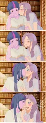 Size: 1080x2880 | Tagged: safe, artist:ecor土土, derpibooru import, rarity, twilight sparkle, human, equestria girls, blushing, clothes, dialogue, duo, duo female, eyes closed, female, image, jpeg, kiss on the cheek, kiss on the lips, kissing, lesbian, library, rarilight, reading, shipping, smiling