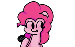 Size: 2552x1606 | Tagged: safe, artist:just loq, derpibooru import, pinkie pie, earth pony, pony, blushing, cute, diapinkes, female, friday night funkin', hoof hold, image, magic showdown, microphone, open mouth, png, simple background, solo, transparent background, youtube link