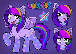 Size: 2276x1628 | Tagged: safe, artist:moozua, derpibooru import, oc, oc:lullaby, unofficial characters only, bat pony, pony, clothes, cutie mark, ear piercing, image, piercing, png, reference sheet, socks, solo