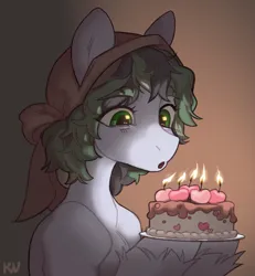Size: 1926x2087 | Tagged: safe, artist:kv, derpibooru import, oc, oc:dusty soil, unofficial characters only, earth pony, pony, birthday, birthday cake, bust, cake, candle, clothes, earth pony oc, food, headscarf, image, jpeg, oda 997, portrait, scarf, simple background, solo