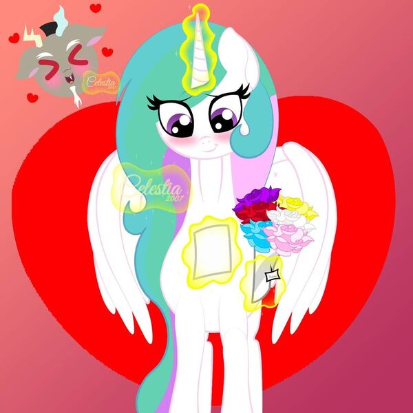 Size: 1080x1080 | Tagged: safe, artist:celestia_2007, derpibooru import, discord, princess celestia, alicorn, draconequus, antlers, blushing, cute, discute, dislestia, female, flower, glow, glowing horn, heart, holiday, horn, image, jpeg, letter, love letter, male, shipping, signature, straight, valentine's day