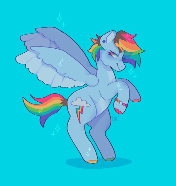 Size: 947x998 | Tagged: safe, artist:ariariari.png, derpibooru import, rainbow dash, pegasus, pony, alternate hairstyle, blue background, bracelet, colored hooves, ear piercing, female, image, jewelry, jpeg, lesbian, lesbian pride flag, piercing, pride, pride flag, rearing, simple background, smiling, solo, spread wings, wings