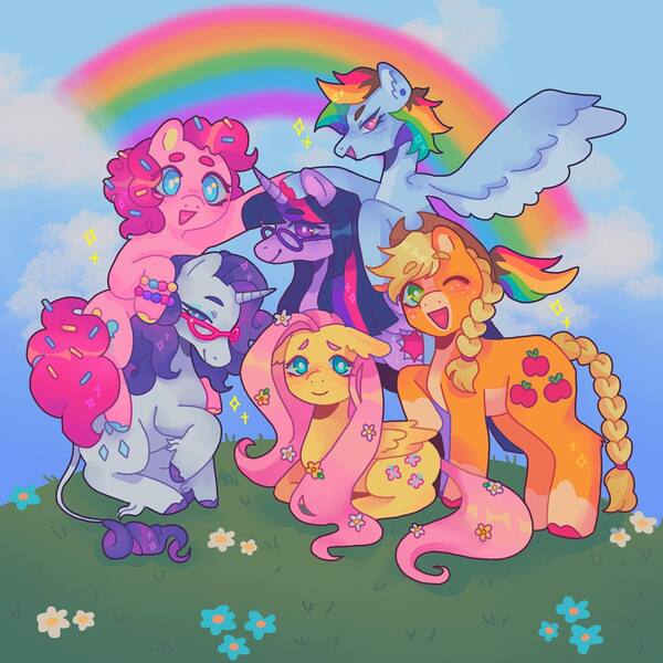 Size: 1440x1440 | Tagged: safe, artist:ariariari.png, derpibooru import, applejack, fluttershy, pinkie pie, rainbow dash, rarity, twilight sparkle, twilight sparkle (alicorn), alicorn, earth pony, pegasus, pony, unicorn, alternate design, alternate hairstyle, bracelet, braid, braided ponytail, braided tail, colored hooves, ear piercing, flower, flower in hair, food, glasses, grass, image, jewelry, jpeg, leonine tail, mane six, piercing, ponytail, rainbow, spread wings, sprinkles, tail, unshorn fetlocks, wings