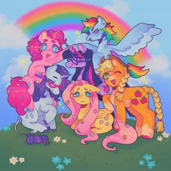 Size: 1440x1440 | Tagged: safe, artist:ariariari.png, derpibooru import, applejack, fluttershy, pinkie pie, rainbow dash, rarity, twilight sparkle, twilight sparkle (alicorn), alicorn, earth pony, pegasus, pony, unicorn, alternate design, alternate hairstyle, bracelet, braid, braided ponytail, braided tail, colored hooves, ear piercing, flower, flower in hair, food, glasses, grass, image, jewelry, jpeg, leonine tail, mane six, piercing, ponytail, rainbow, spread wings, sprinkles, tail, unshorn fetlocks, wings